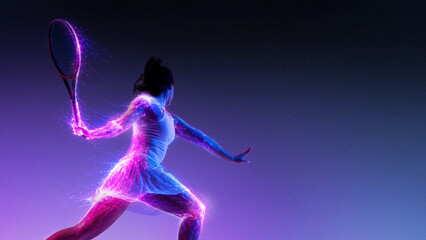 Obraz na płótnie Canvas Female tennis player with glowing cyber anatomy and racket energy trail. Concept of smart racket technology, reaction speed, wearable analytics, precision coaching and digital athlete identity.