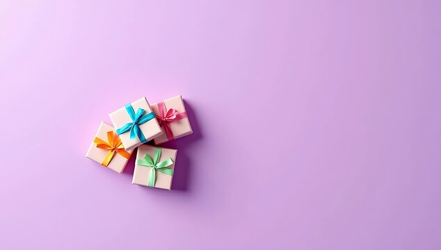 Colorful Gift Boxes with Ribbons on a Purple Background.