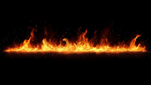 Fire flames with sparks on black background, burning fire texture, flame banner template, Generative AI