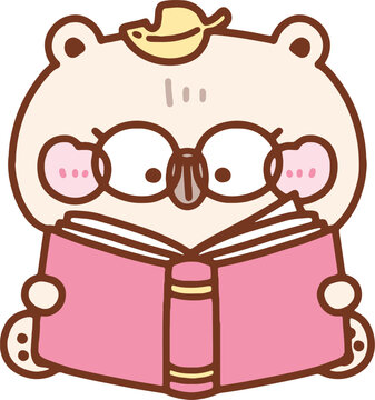 Cute Cartoon Bear Reading a Pink Book