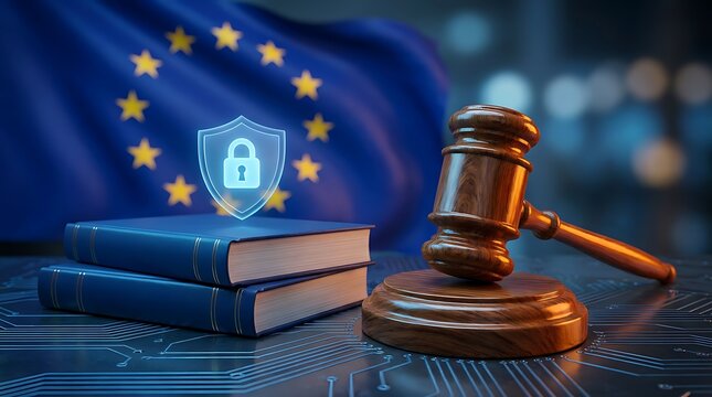 Legal framework europe concept with EU flag gavel books digital security shield signifying data privacy protection cybersecurity legislation rules.