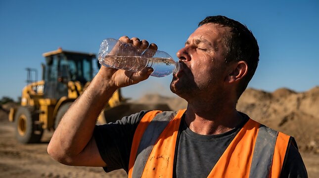 Construction worker drinking water in hot sun on dusty site with heavy machinery yellow loader working in background heat relief hydration needed on job site safety.