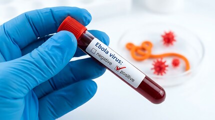 Naklejka premium Medical professional wearing blue rubber gloves holding test tube filled with blood sample indicating positive ebola virus infection in laboratory testing environment.
