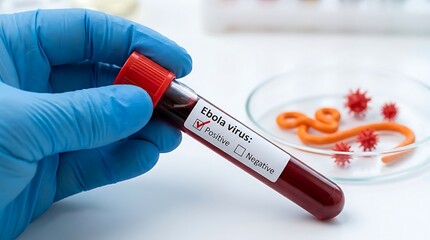 Naklejka premium Medical professional wearing blue rubber gloves holding test tube filled with blood sample indicating positive ebola virus infection in laboratory testing environment.