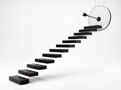 Floating black stairs ascend to a bullseye with an arrow in the center, symbolizing focus.