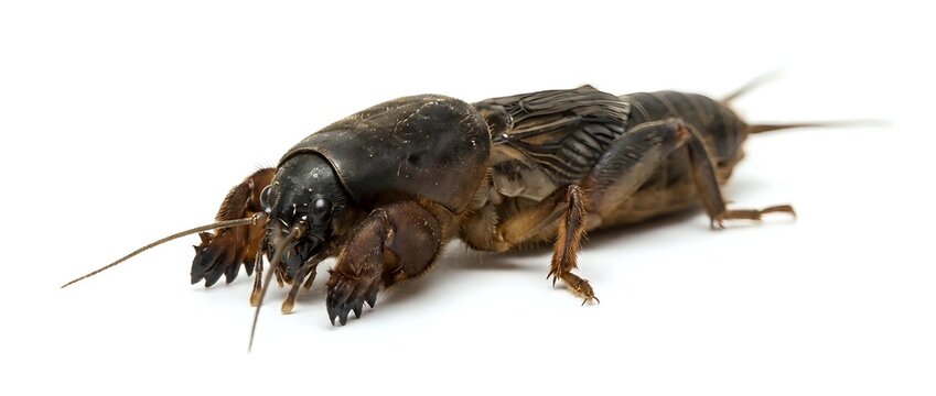 Closeup of brown earwig insect isolated on white background, showing detailed anatomy with pincers and segmented body for educational or pest control design use.
