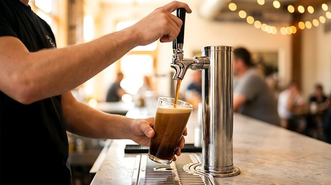 Bartender pouring dark beer into glass from tap in pub with bokeh lights in background serving beverage with foam on top close up shot.