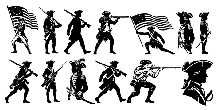 1776 American Revolutionary War Soldier Black Silhouette Vector Isolated on White Background