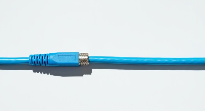 Flat lay directly overhead view unplugged bright blue coaxial.