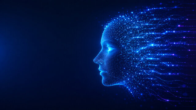 Futuristic digital human face composed of glowing particles and network connections, representing intelligent automation, digital transformation, and advanced technology. Ideal for innovation, data pr
