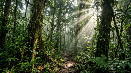 Obraz premium A serene rainforest path bathed in golden sunbeams. Lush jungle landscape with ancient trees, evoking profound natural beauty