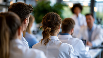 Fototapeta premium A European group of students viewed from behind in soft lab coats learns softly from a calm professor during a bright science lesson in soft daylight science lesson faceless