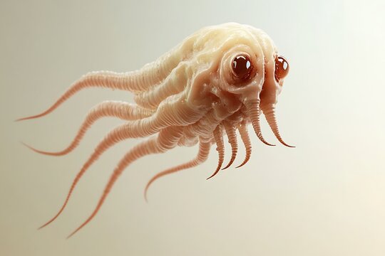 Microscopic view of tapeworm parasite with detailed anatomy on light background