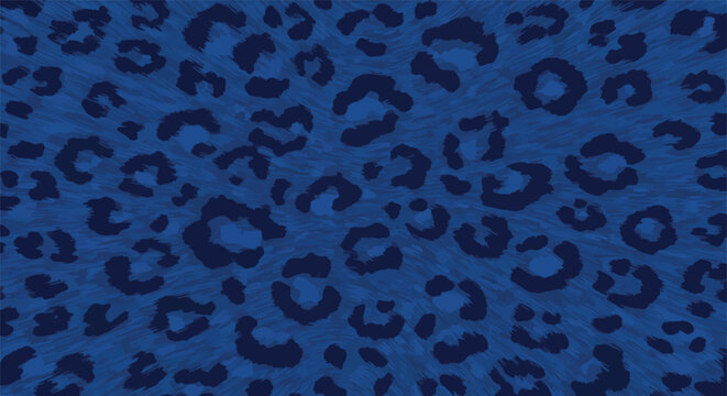 Luxury blue leopard fur vector background. Seamless animal skin pattern with realistic navy and indigo fluffy rosettes on soft royal hair. Trendy exotic pelt design for chic fashion textiles.