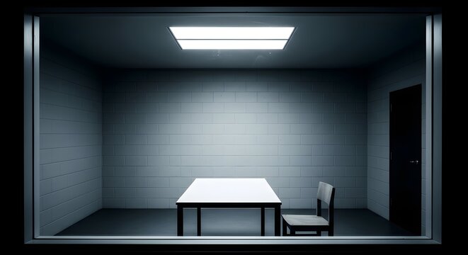 Cold, stark interrogation room with empty table, single chair, and harsh overhead light