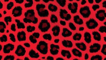 Luxury red leopard fur vector background. Seamless animal skin pattern with black and red rosettes on soft fluffy crimson texture. Trendy exotic punk pelt design for chic fashion and wallpaper. © Minty Focus