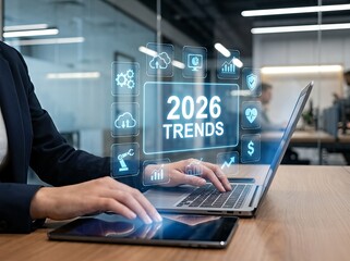 Fototapeta premium Professional examines 2026 digital trends icons on laptop in modern office setting.