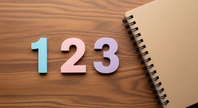 Vibrant wooden numbers 1, 2, 3 alongside a blank spiral notebook, representing foundational concepts and sequential learning