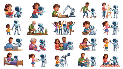 Fototapeta premium Human Bonding with Artificial Intelligence Concept Collection, Human–AI Emotional Connection and Future Interaction Themes Vector Illustration Set, Isolated White Background