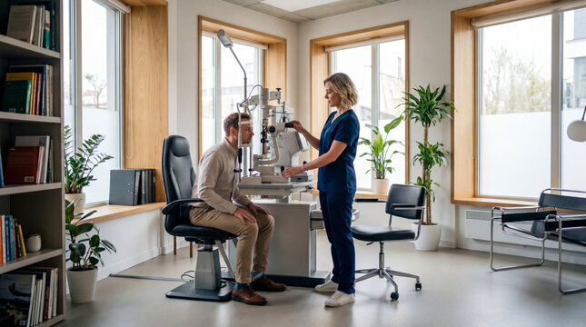 The patient undergoes a vision examination using modern medical equipment in the ophthalmologist's office. Ophthalmologist's appointment at the clinic