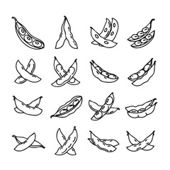 Obraz premium Edamame pods opening revealing healthy beans in a simple clean line drawing style with ample copy space