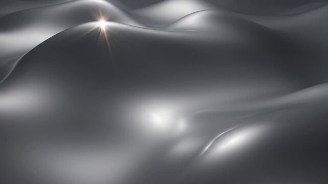 Abstract 3D metallic silver liquid surface background featuring soft undulating waves and smooth gradients with reflective highlights and shadows in a dark grey color palette.