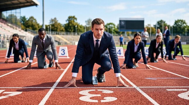 Business professionals at starting line ready to race competition concept