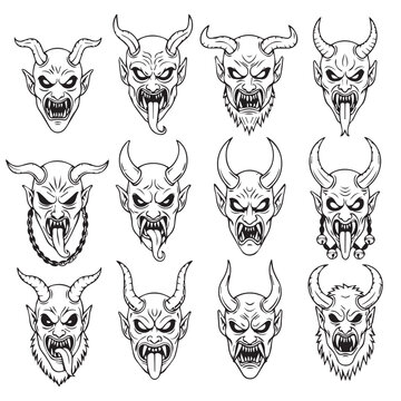 Collection of stylized devil faces with horns and fangs in a graphic illustration style for Halloween themes