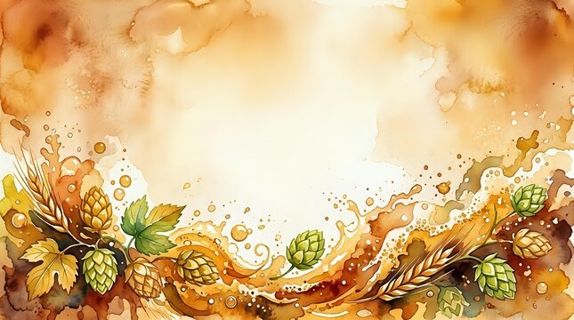 Autumn harvest border with hops, wheat, leaves and swirls on warm watercolor background for seasonal designs and brewing industry materials.