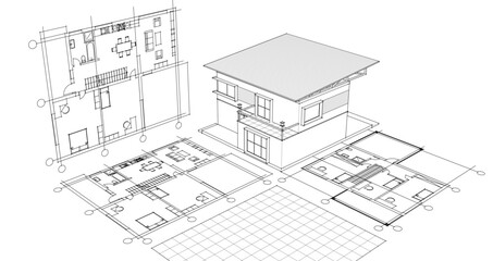 Fototapeta premium house architectural project sketch 3d illustration