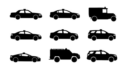 Police Car Icons, Law Enforcement Vehicle Silhouettes, Security Transport Collection © Sultana