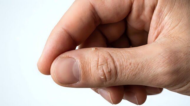 Close-up of an adult hand with a small wart on the finger, showing skin texture detail for dermatology and healthcare concepts.