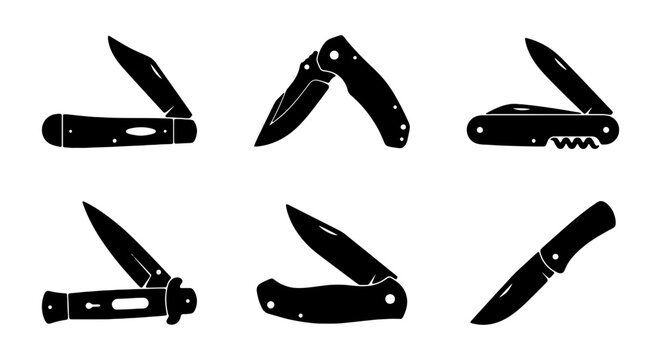 Pocket Knife Icons, Folding Blade Tools, Camping Gear, Outdoor Survival Knives, Black Vector Set