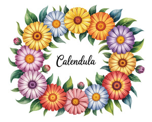 watercolor Calendula flower wreath frame vector illustration isolated on white background © Dream