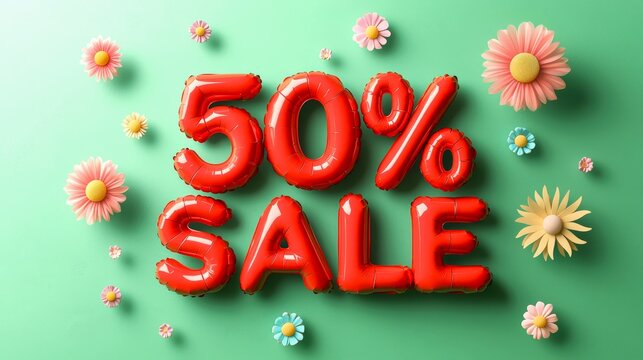 Bright and cheerful 50 percent sale announcement with floral accents on green gradient