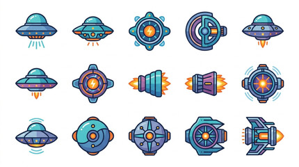 Collection of cartoon flying saucers and futuristic spacecraft icons. © riki