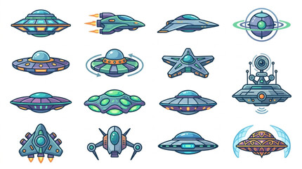 Collection of cartoon flying saucers and alien spaceships. © riki