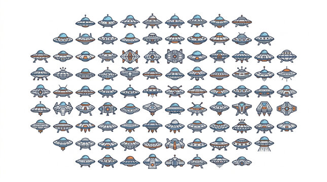 Collection of alien flying saucers and UFOs in various designs.