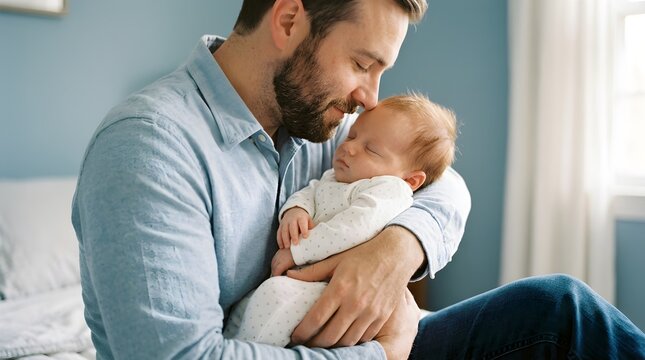 Middle age Caucasian father kissing sleeping newborn baby girl. Parent holding rocking child daughter son in hands. Authentic lifestyle parenting fatherhood moments. Single dad family home life.