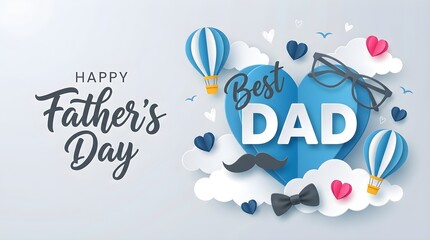 Happy Father's Day greeting card, banner, poster or flyer design with flying origami hearts over clouds with air balloons, paper mustache, glasses and bow tie. Paper art, digital craft style. 