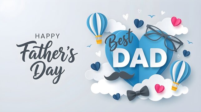 Happy Father's Day greeting card, banner, poster or flyer design with flying origami hearts over clouds with air balloons, paper mustache, glasses and bow tie. Paper art, digital craft style. 