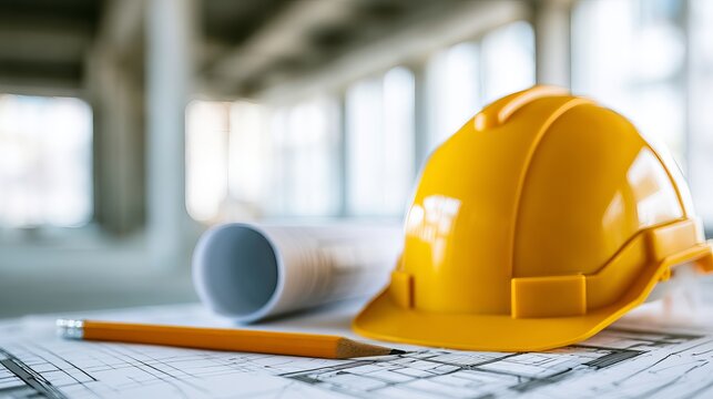 A yellow hard hat and construction plans on a table in a brightly lit room with a blurred background.