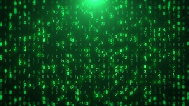 Falling Binary Code Matrix Style in Technological Space. Abstract Motion Background of Algorithm Binary, Data Code Decryption, Encoding, and Cyber Security Row Matrix. 4K Screen Close Up Animation.