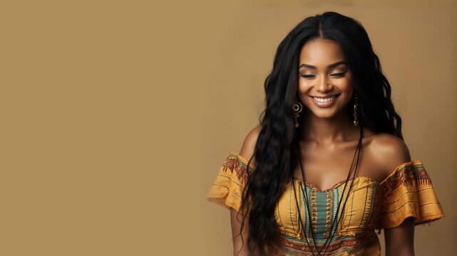Native African resident girl in dashiki traditional costume cloth, Smiling woman, diversity multicultural concept