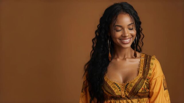 Native African resident girl in dashiki traditional costume cloth, Smiling woman, diversity multicultural concept