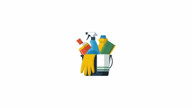 Cleaning Supplies Bucket with Spray and Gloves Animation