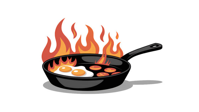 Pixel art frying pan with eggs cooking on a hot fire