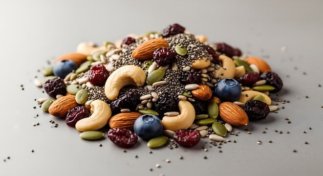 Healthy mix of nuts seeds and dried berries on a gray surface. chia seed trail mix