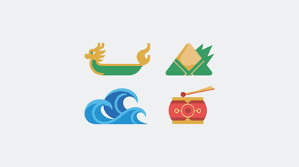 Fototapeta premium Dragon boat festival flat design icons with dragon boat, zongzi, waves, and drum.