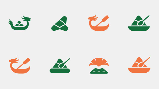 Modern flat vector icons of dragon boats and rice dumplings for summer festival themes.